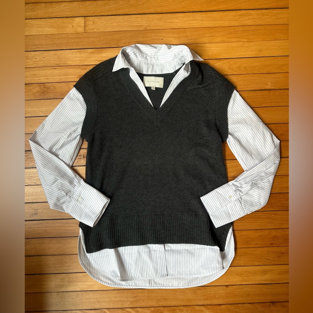 BROCHU WALKER Grey Gray V Neck Sweater Vest Blue White pinstripe collar blouse M - Picture 2 of 13